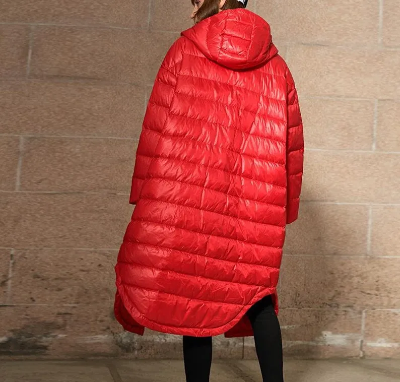 A -line Hooded Puffer Coat Long Winter Duck Down Jacket Loose Down Jacket Women 23220
