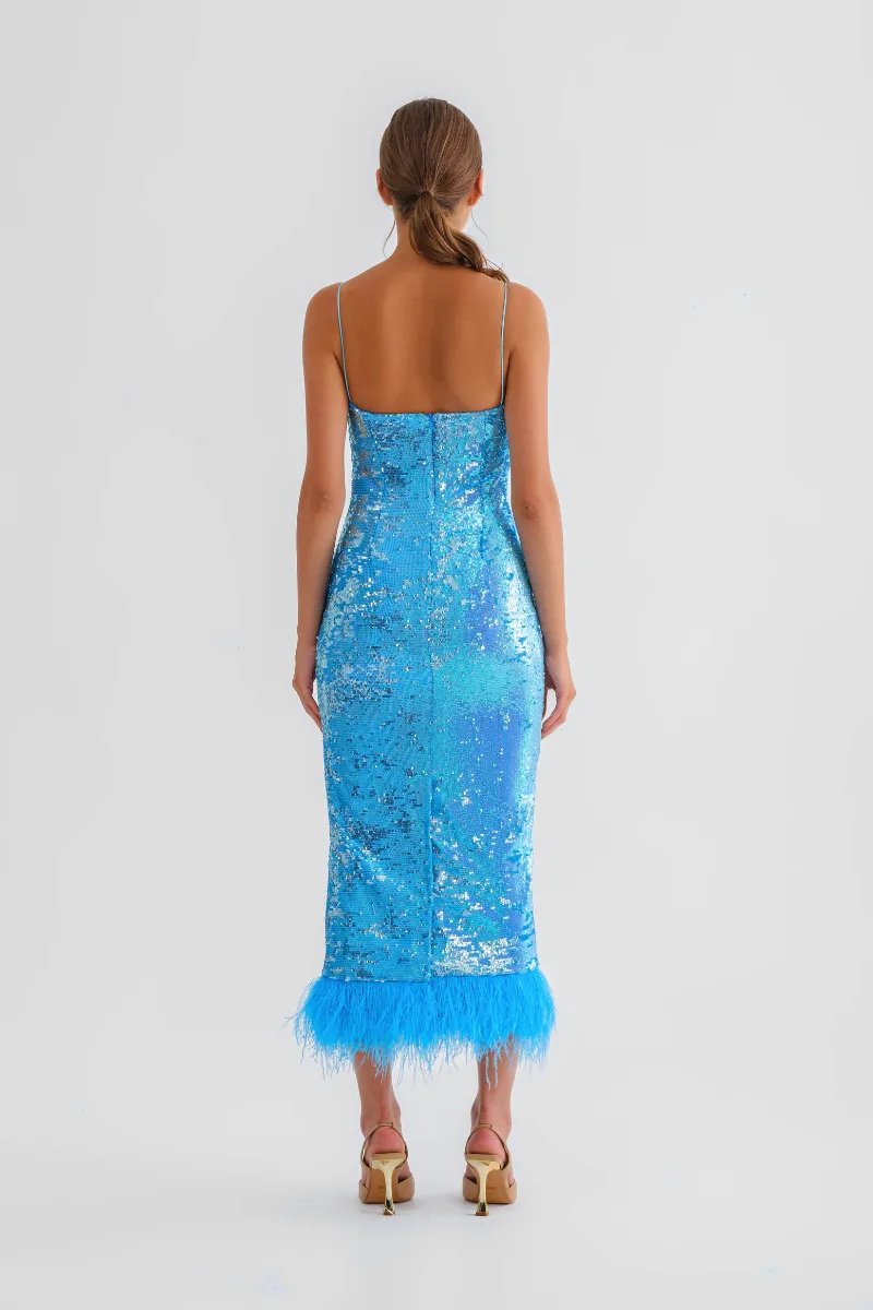 BLUE SEQUINED MIDI DRESS WITH FEATHERS