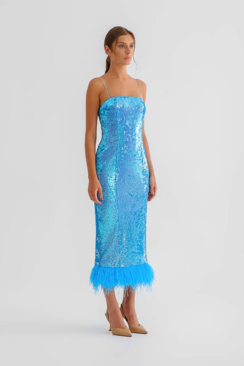 BLUE SEQUINED MIDI DRESS WITH FEATHERS