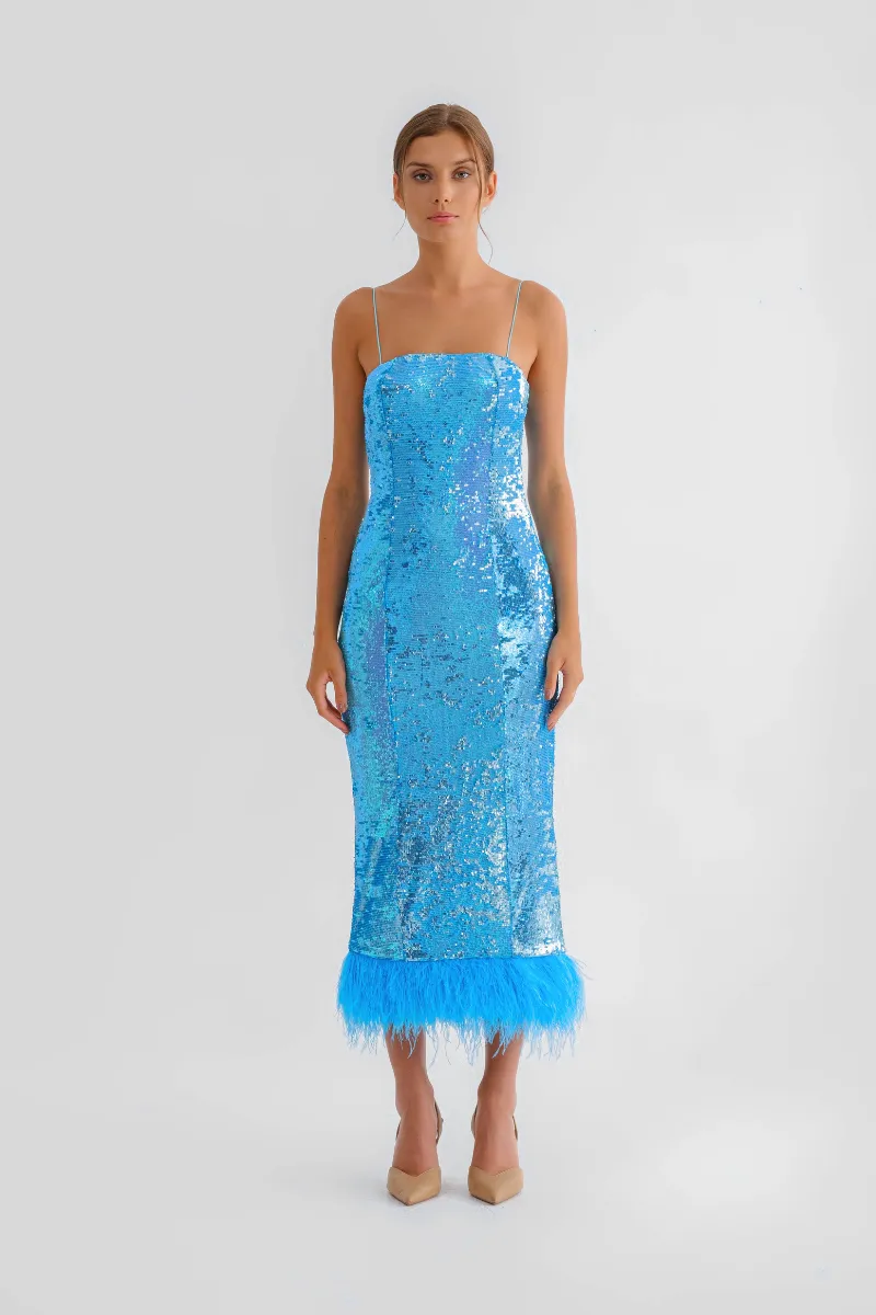 BLUE SEQUINED MIDI DRESS WITH FEATHERS