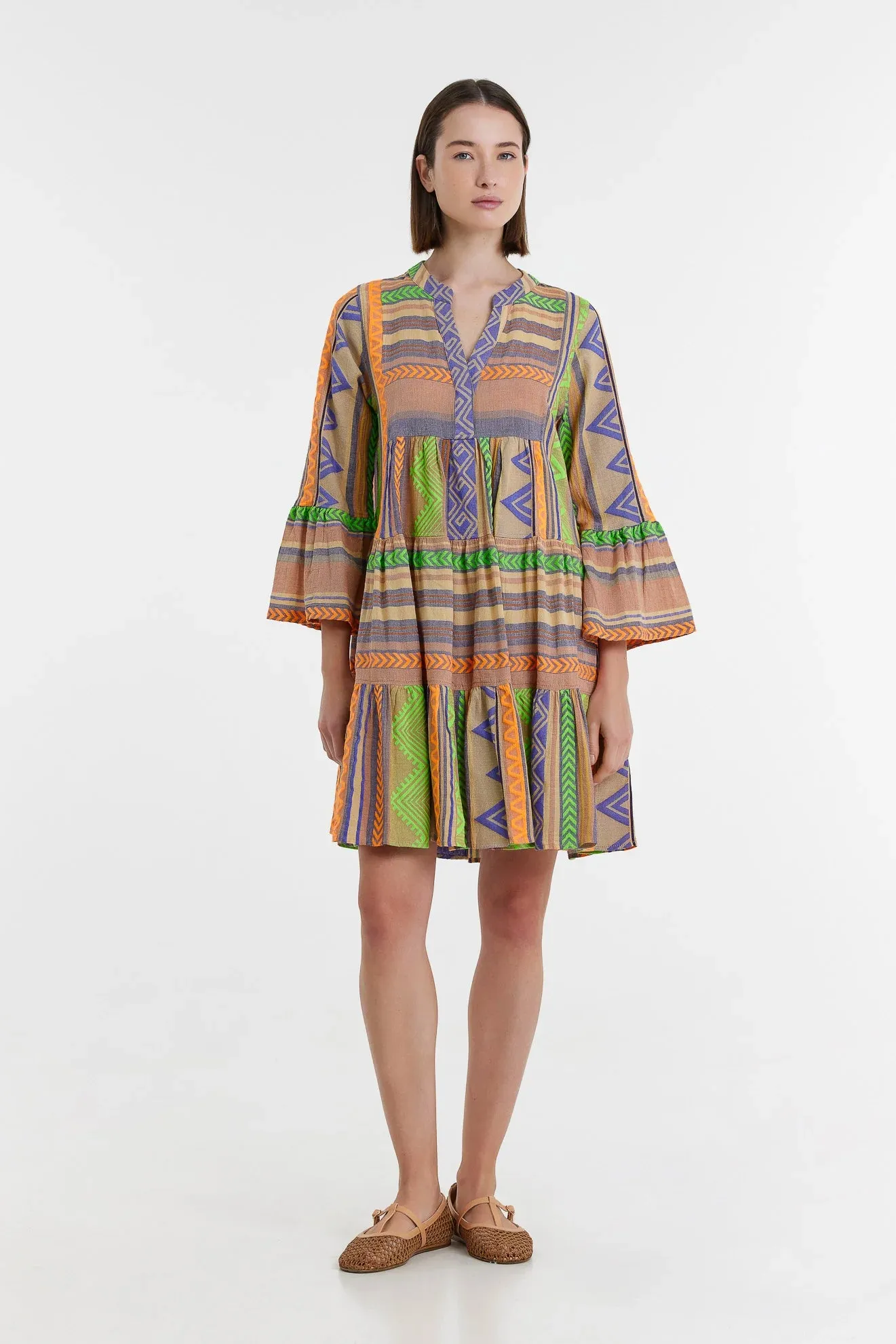 Ella Short Dress Green/Neon Orange