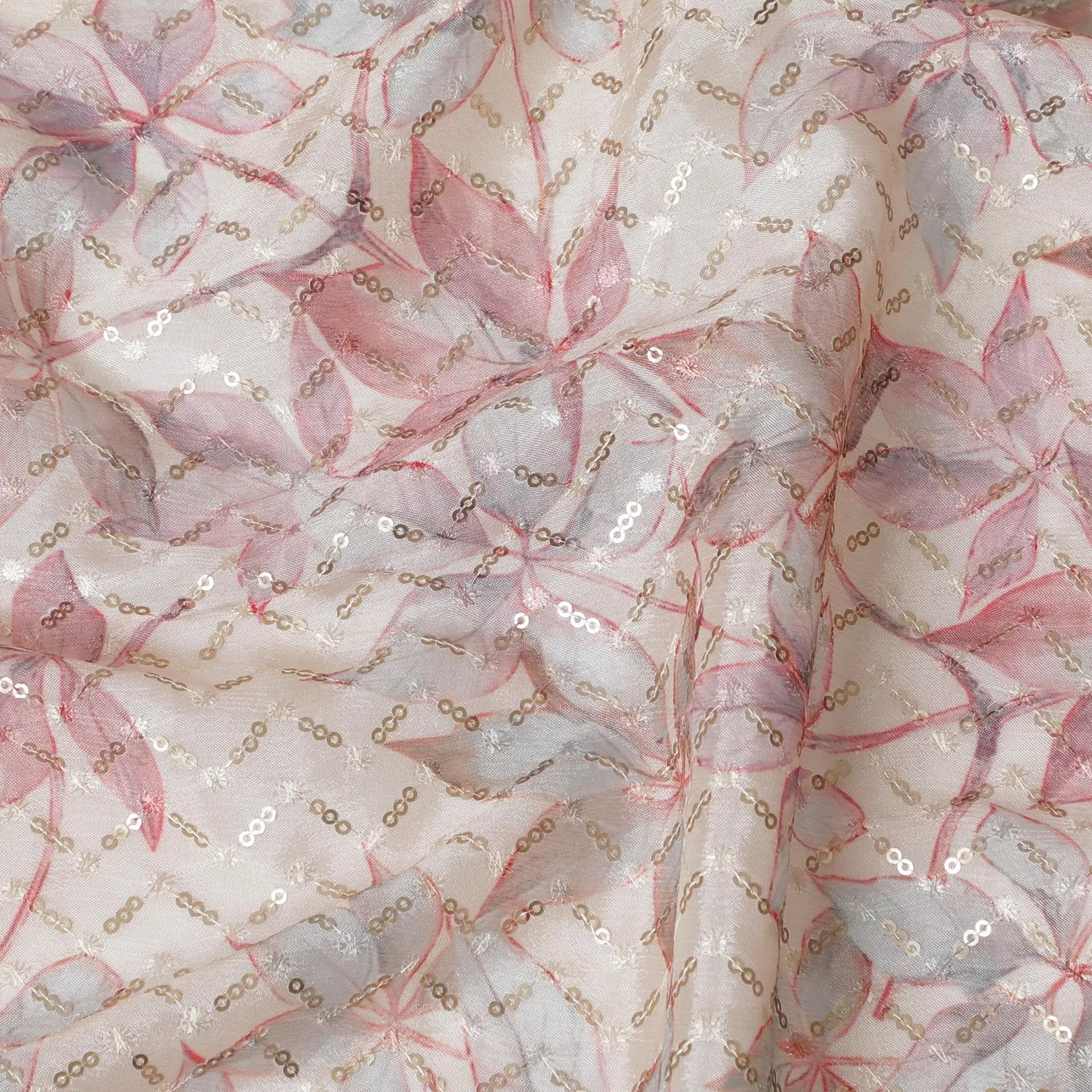 Enchanted Garden Sequin chinon Fabric - 110cm Wide, Ethereal Pink Embroidery from India-D18548