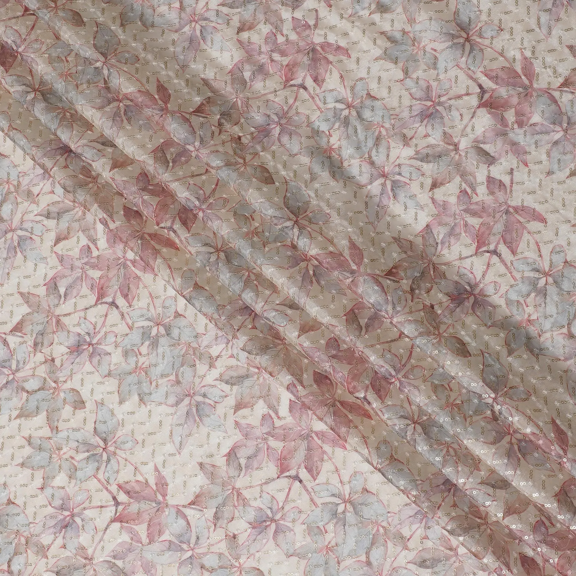 Enchanted Garden Sequin chinon Fabric - 110cm Wide, Ethereal Pink Embroidery from India-D18548