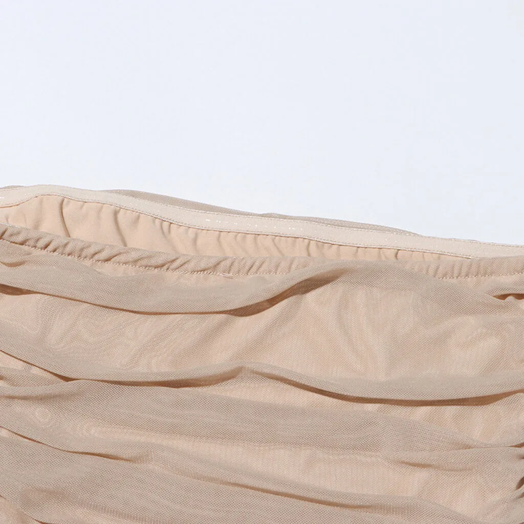 Ethereal Mesh Hybrid Chiffon Ruched Bodycon Layered Ruffle Tube Dress