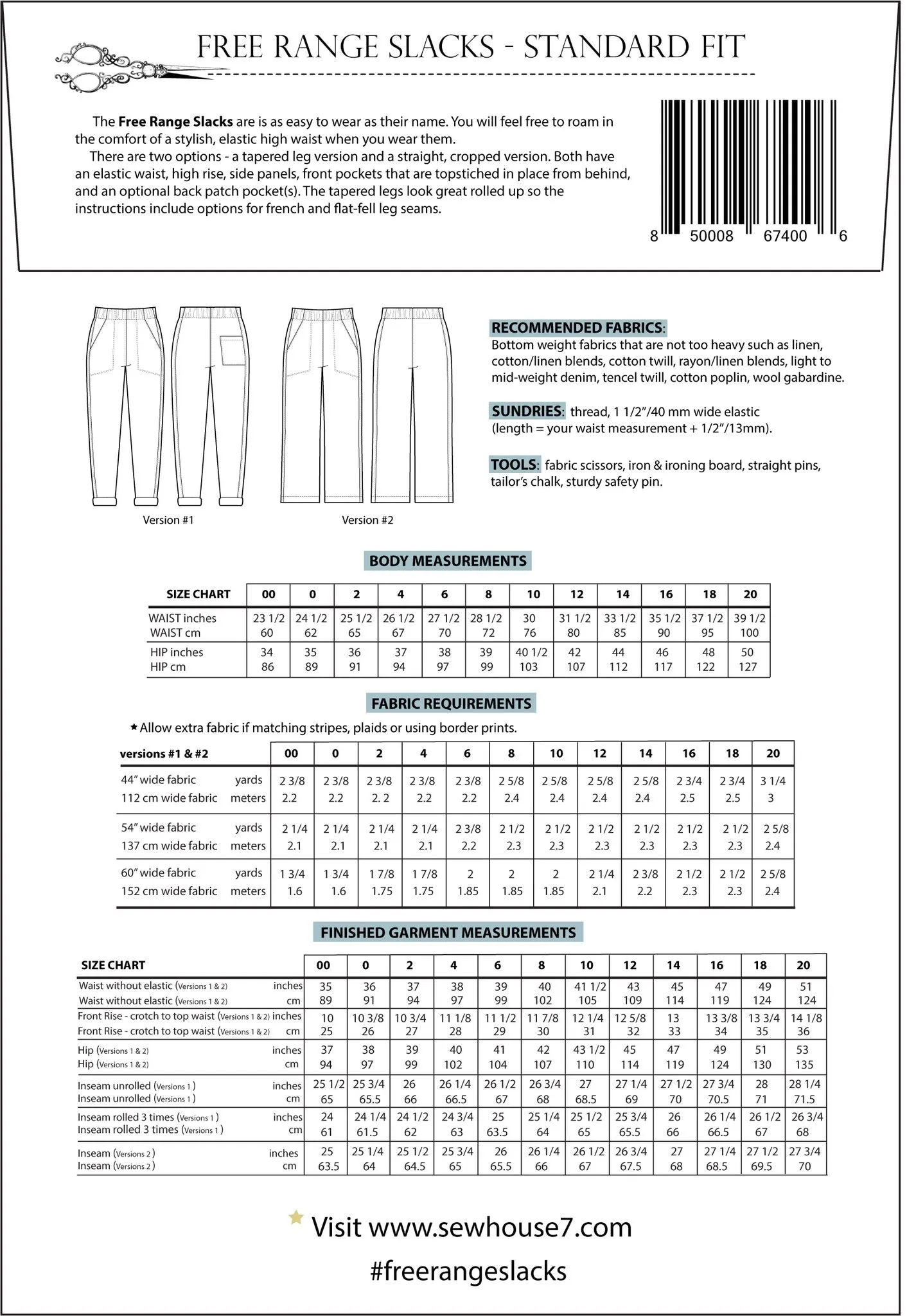 Free Range Slacks Standard - Sewing Pattern | Sew House 7