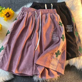 Gmiixder Vintage Shorts Men's Preppy Letter Embroid Corduroy Shorts Japanese Harajuku Half Trousers Unisex Spliced Sports Pants