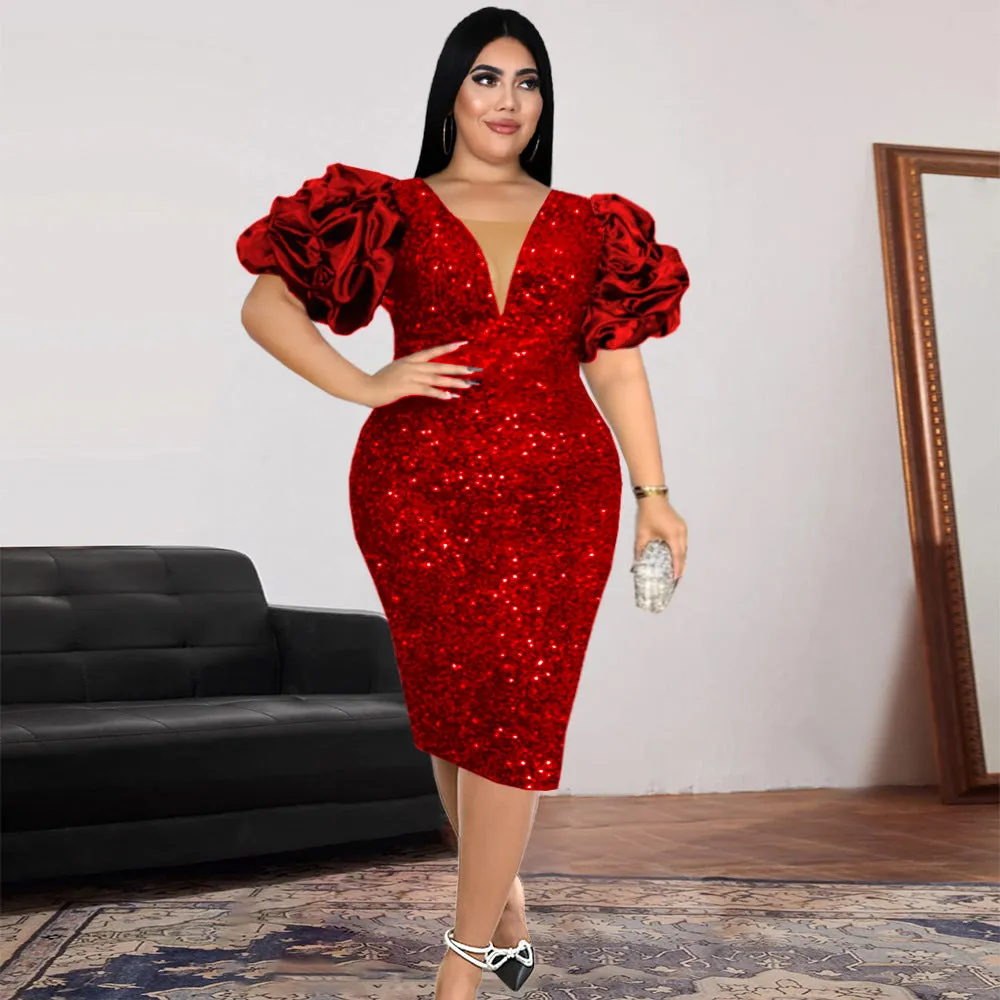 Joskaa Am1117 Sexy V-neck Pile Sleeve Dress High Waist V Back Party Sequined Dress Dress Dresses