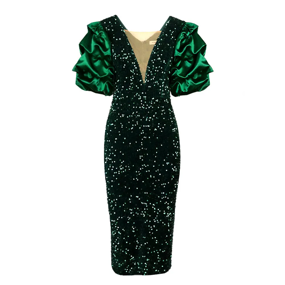 Joskaa Am1117 Sexy V-neck Pile Sleeve Dress High Waist V Back Party Sequined Dress Dress Dresses