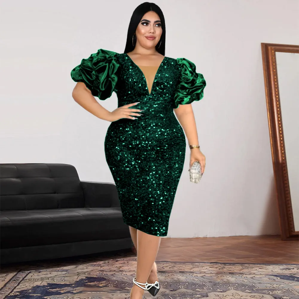 Joskaa Am1117 Sexy V-neck Pile Sleeve Dress High Waist V Back Party Sequined Dress Dress Dresses
