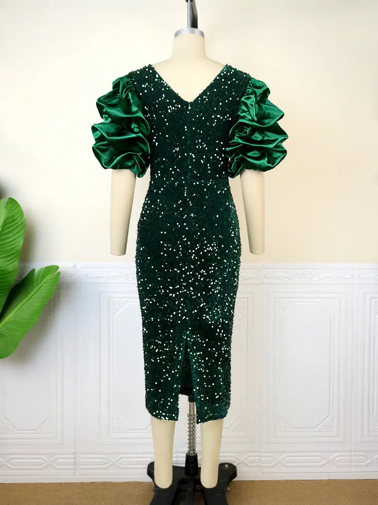 Joskaa Am1117 Sexy V-neck Pile Sleeve Dress High Waist V Back Party Sequined Dress Dress Dresses