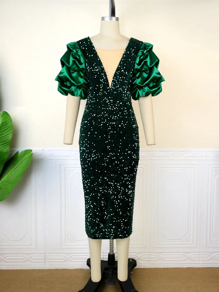 Joskaa Am1117 Sexy V-neck Pile Sleeve Dress High Waist V Back Party Sequined Dress Dress Dresses