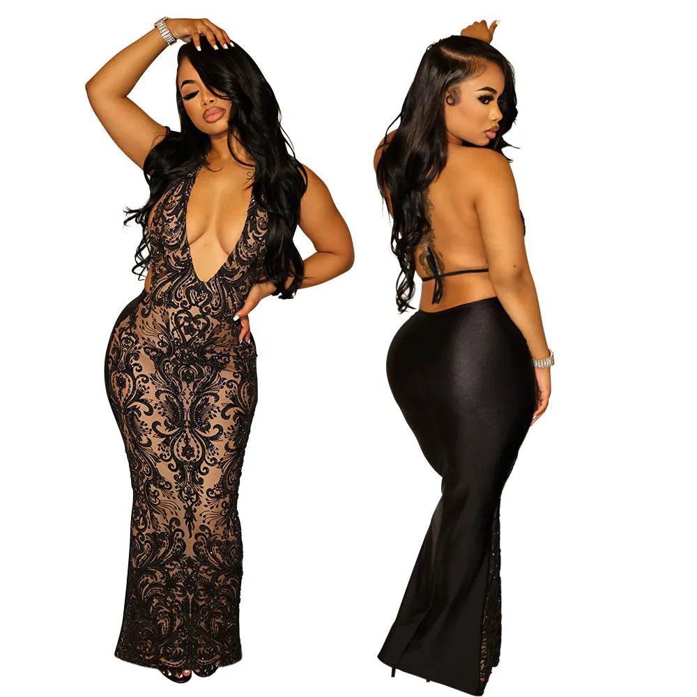Joskaa Party Evening Dress Sleeveless Sexy V-neck Dress Banquet Prom Sequined Dress