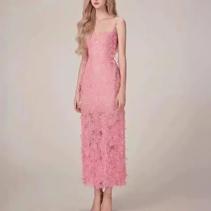 Joskaa pink dress Niche Sequined Black Lace Ribbon Three-Dimensional Flower Sexy Slim Strap Dress Long Dress for Women