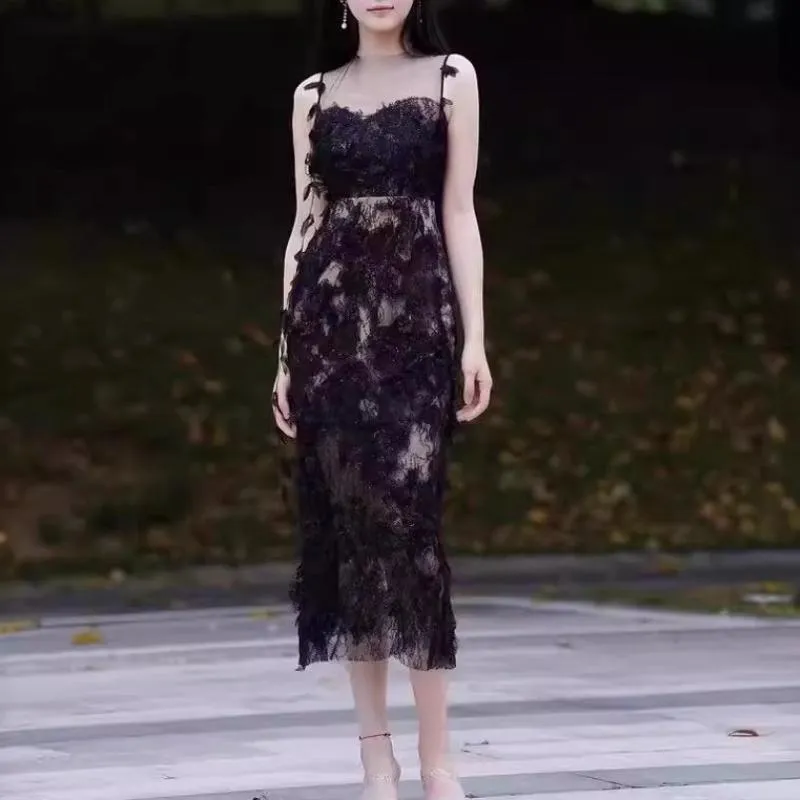 Joskaa pink dress Niche Sequined Black Lace Ribbon Three-Dimensional Flower Sexy Slim Strap Dress Long Dress for Women