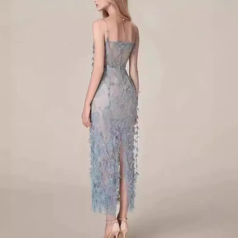Joskaa pink dress Niche Sequined Black Lace Ribbon Three-Dimensional Flower Sexy Slim Strap Dress Long Dress for Women