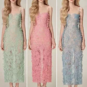 Joskaa pink dress Niche Sequined Black Lace Ribbon Three-Dimensional Flower Sexy Slim Strap Dress Long Dress for Women