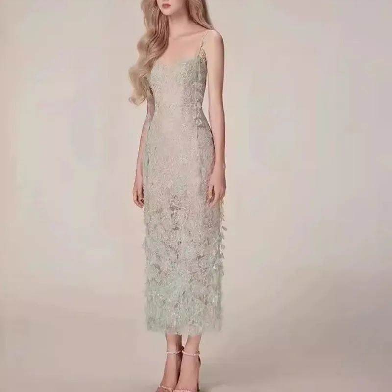 Joskaa pink dress Niche Sequined Black Lace Ribbon Three-Dimensional Flower Sexy Slim Strap Dress Long Dress for Women