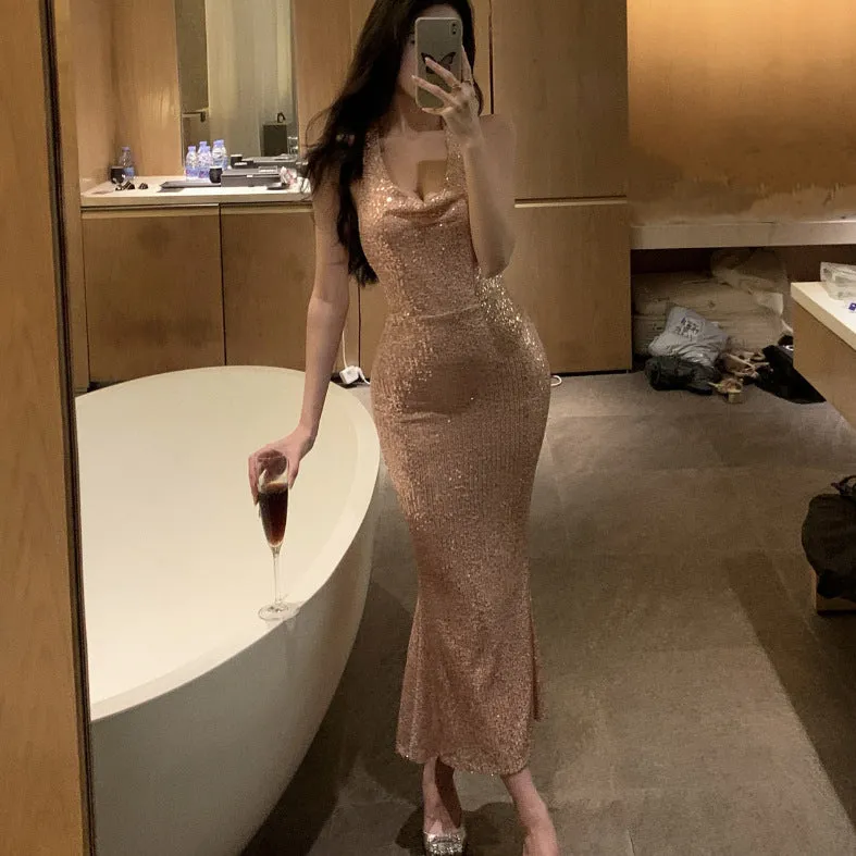 Lanfubeisi pink dress Champagne Shiny Sequined Swing Collar Light Yarn Dress for Women 2024 Summer Sexy Backless Sheath Dress