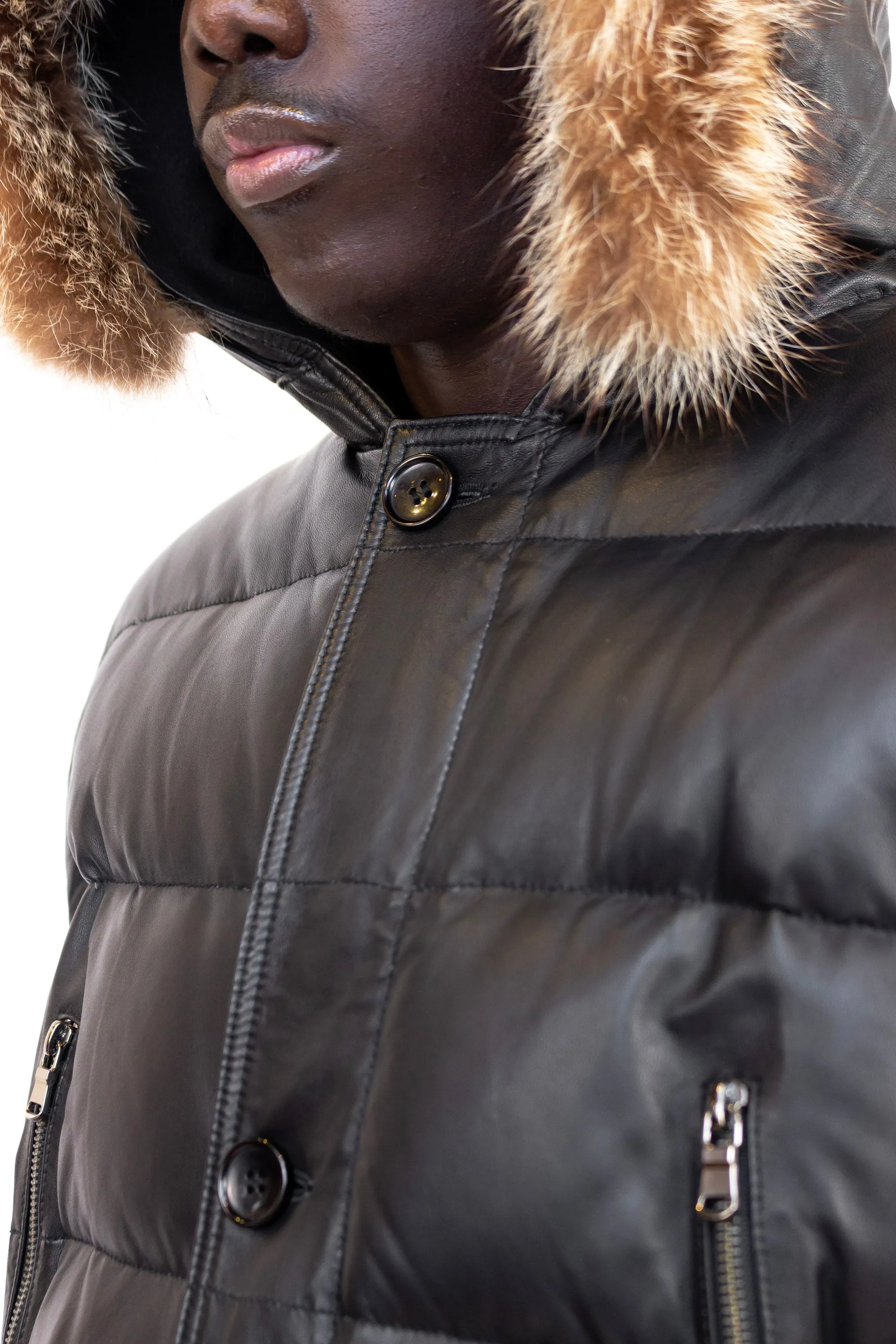 Leather Puffer w. Fox Hood