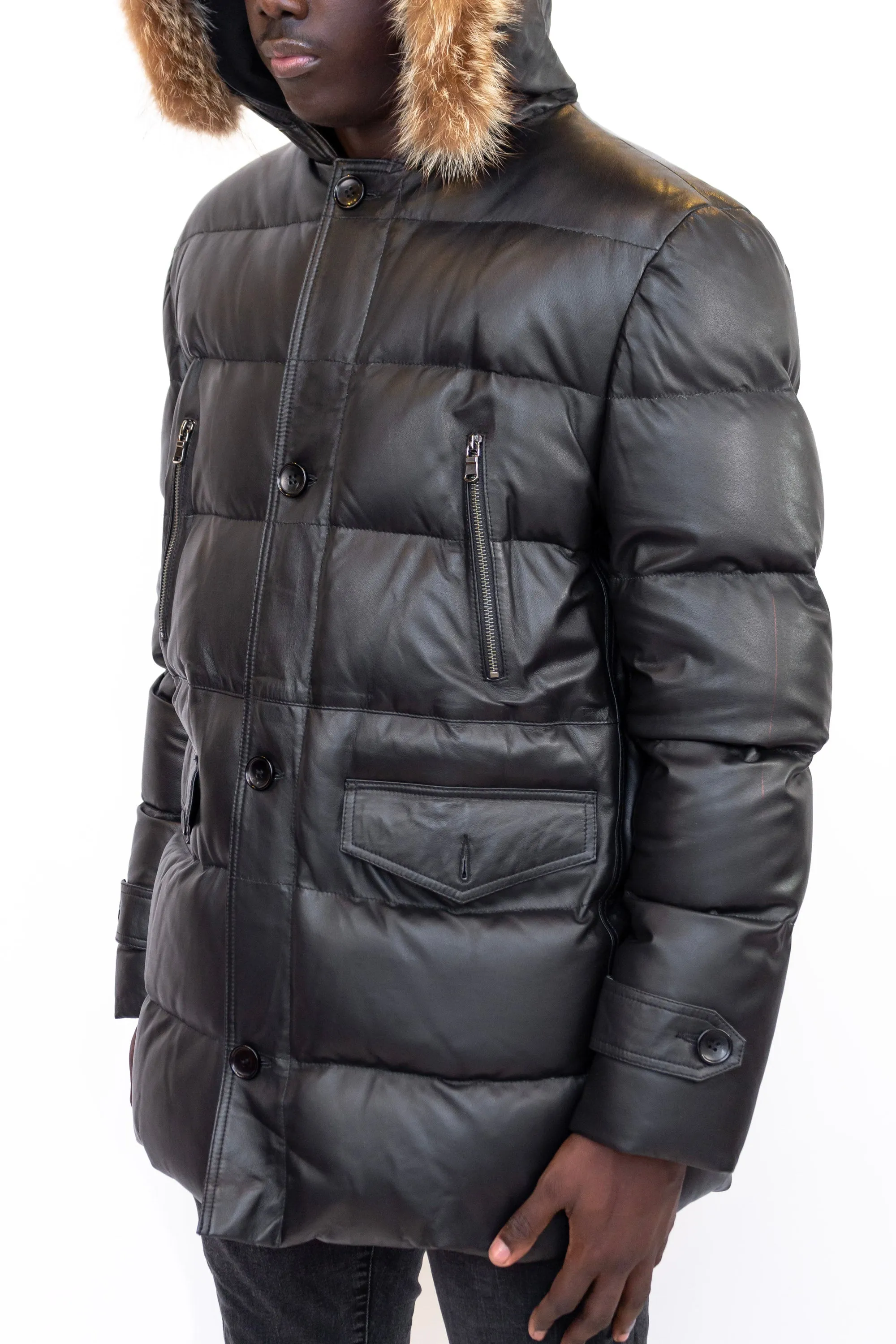Leather Puffer w. Fox Hood