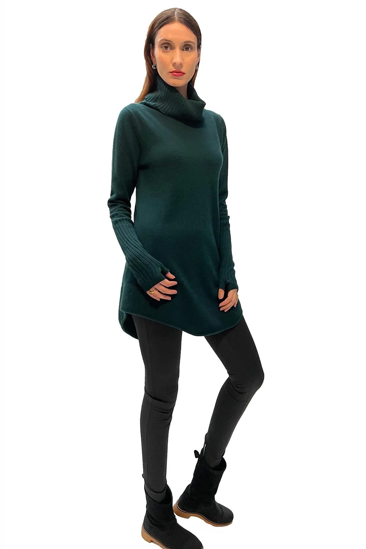 Longline Cashmere Jumper in Bottle green