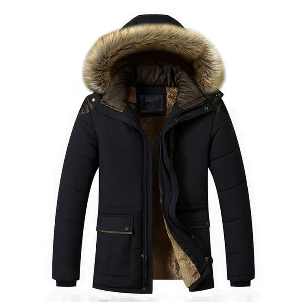 Men Brand Thick Fleece Jacket Hat Parkas Fur Collar Detachable Jackets