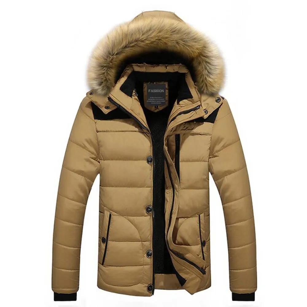Men Brand Thick Fleece Jacket Hat Parkas Fur Collar Detachable Jackets