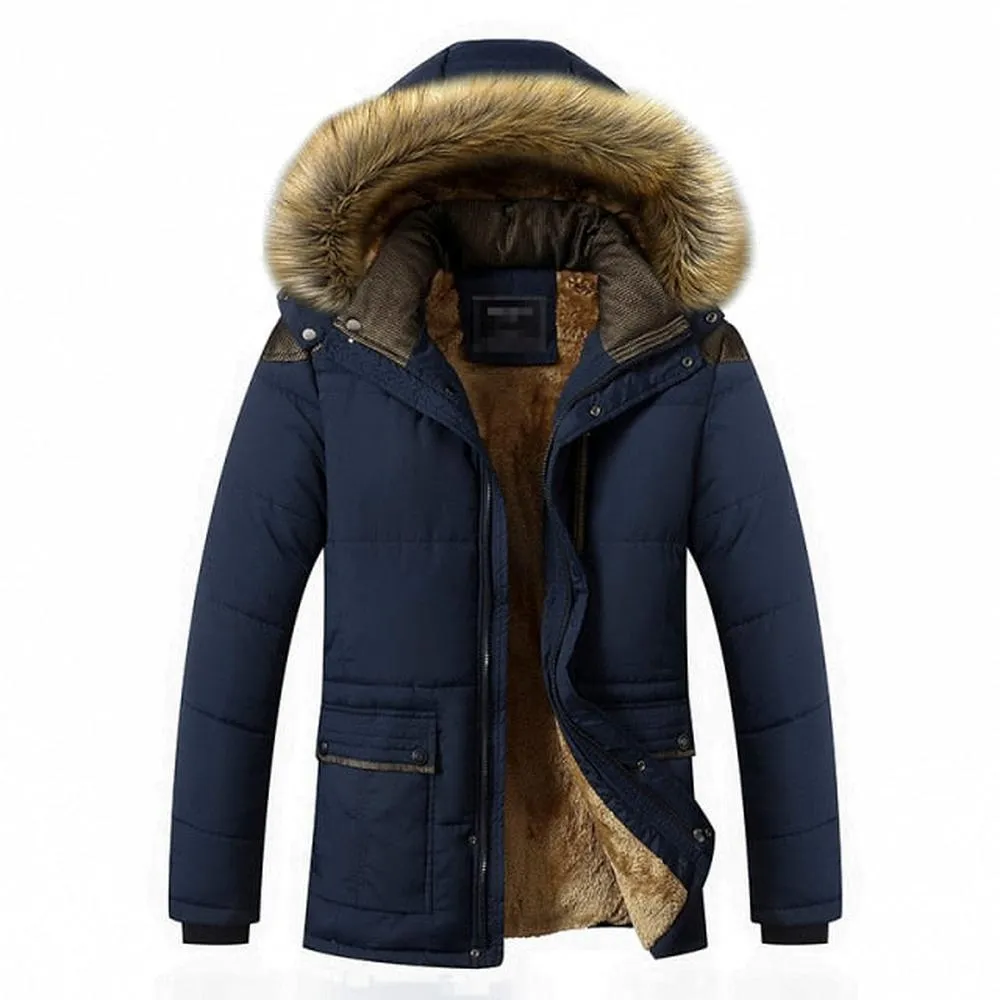 Men Brand Thick Fleece Jacket Hat Parkas Fur Collar Detachable Jackets