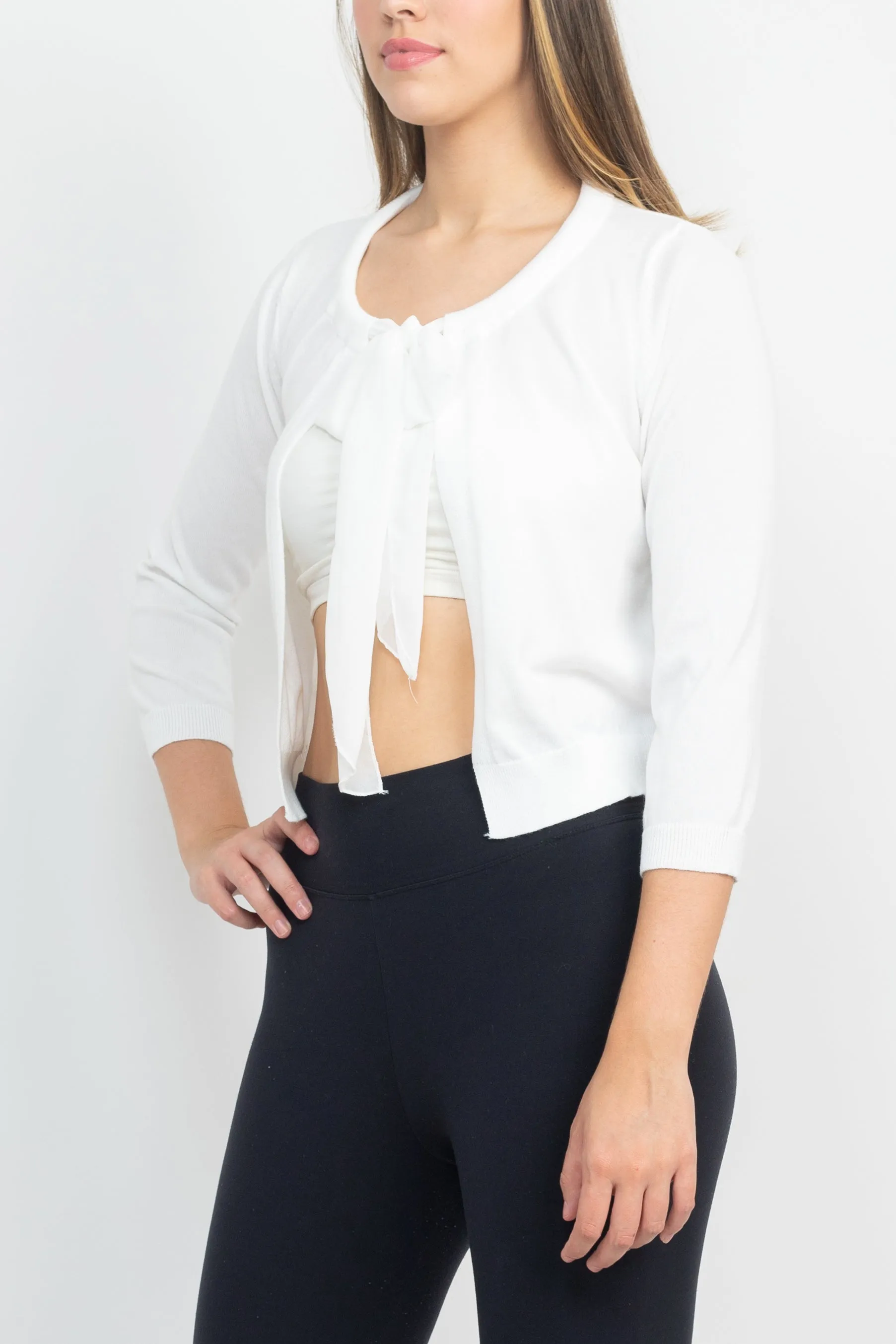 Nina Leonard Crew Neck Tie Neck 3/4 Sleeve  Open Front Solid Rayon Bolero