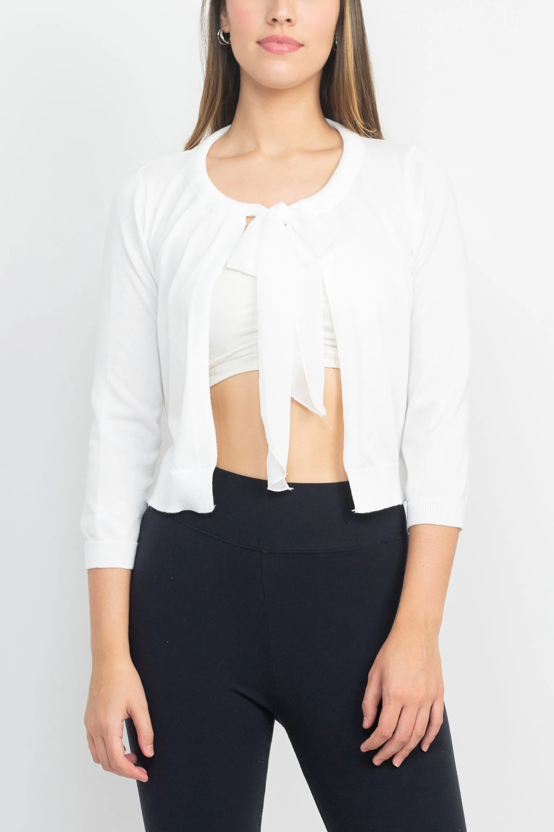 Nina Leonard Crew Neck Tie Neck 3/4 Sleeve  Open Front Solid Rayon Bolero