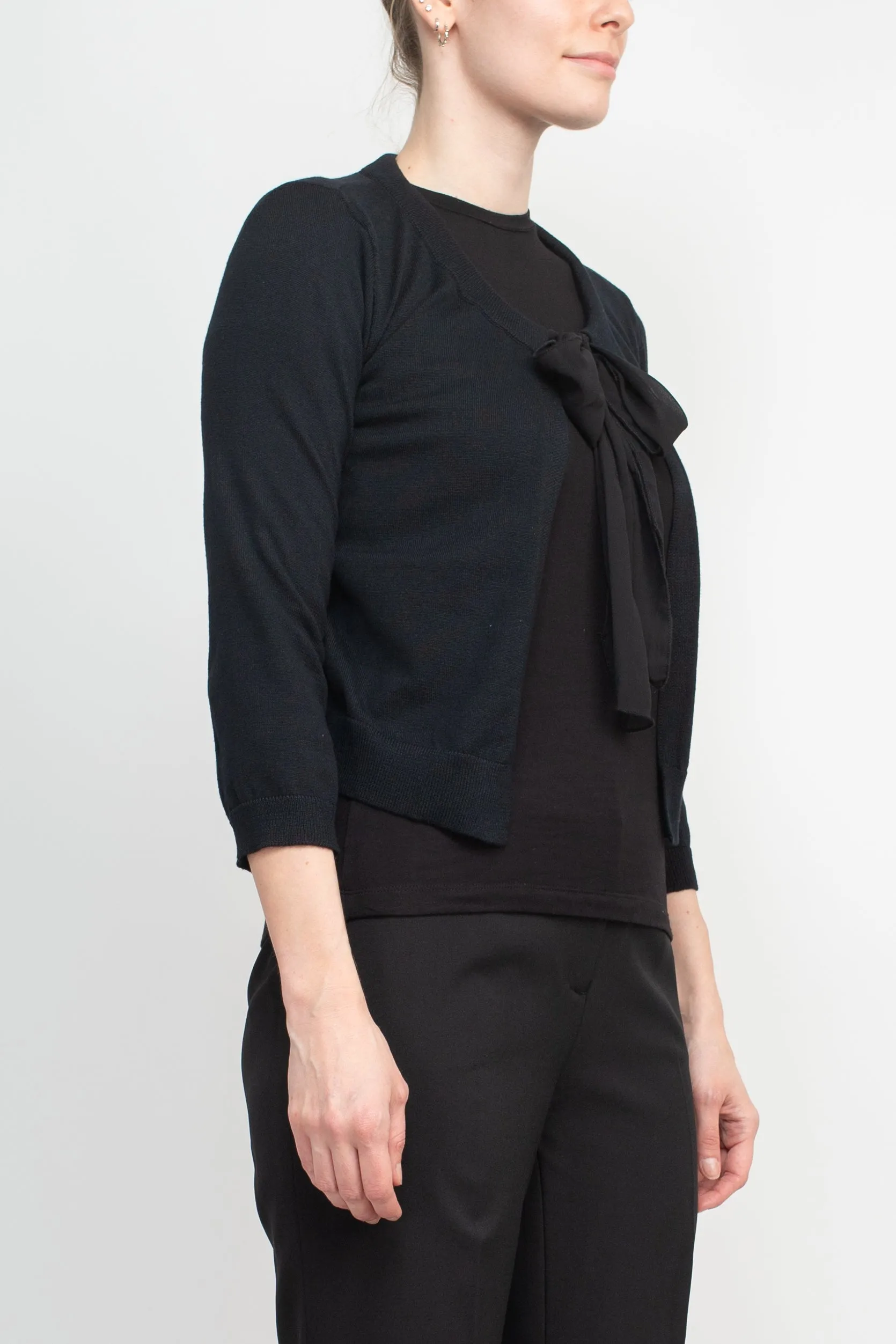 Nina Leonard Crew Neck Tie Neck 3/4 Sleeve  Open Front Solid Rayon Bolero