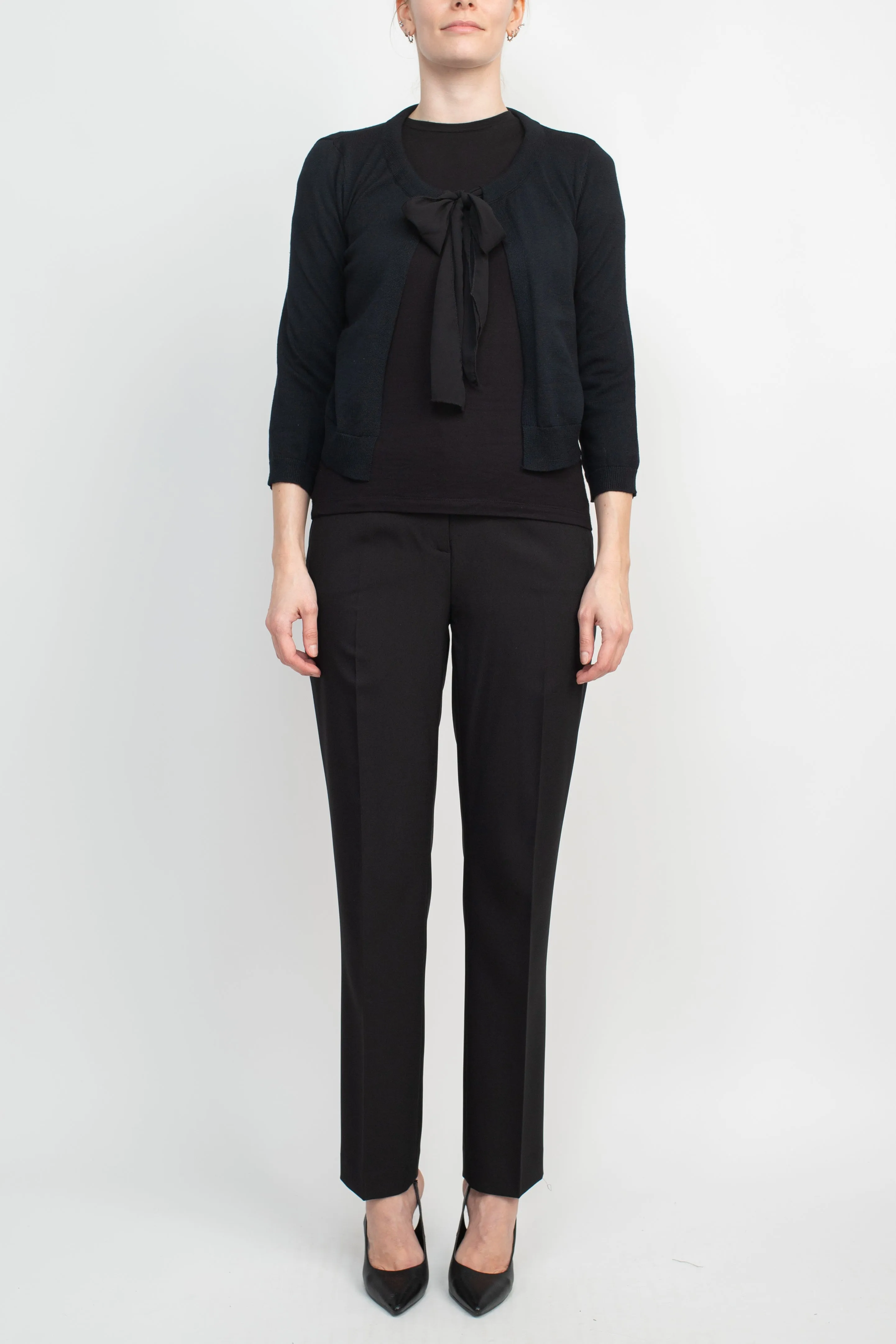 Nina Leonard Crew Neck Tie Neck 3/4 Sleeve  Open Front Solid Rayon Bolero