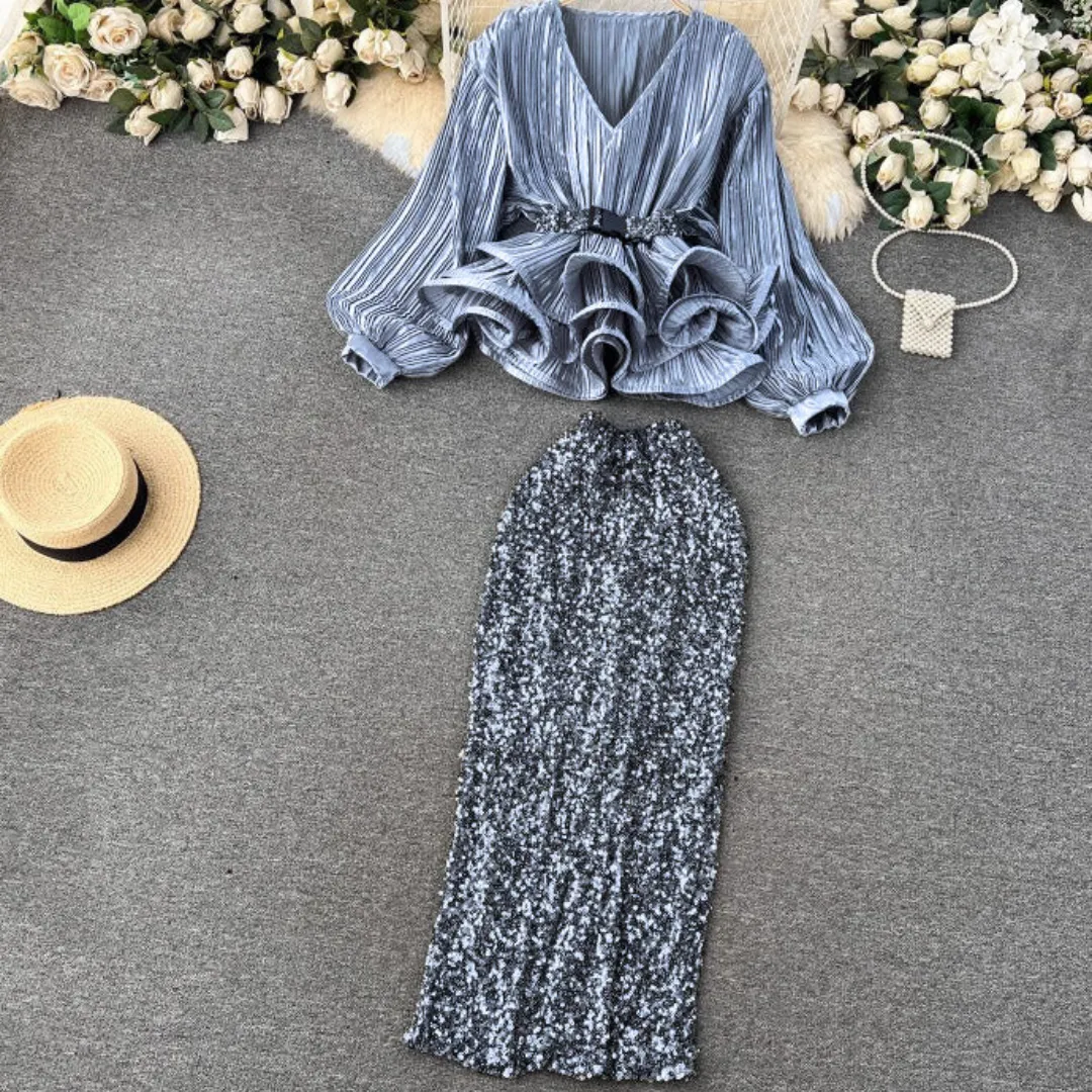Pre Order:  Waist-Cinching Ruffled Pleated Top   High-Waisted Sequined Skirt