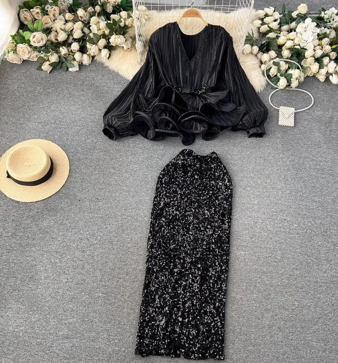 Pre Order:  Waist-Cinching Ruffled Pleated Top   High-Waisted Sequined Skirt