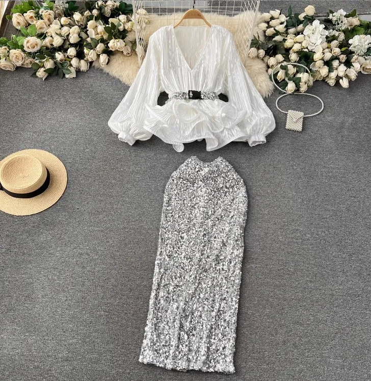Pre Order:  Waist-Cinching Ruffled Pleated Top   High-Waisted Sequined Skirt