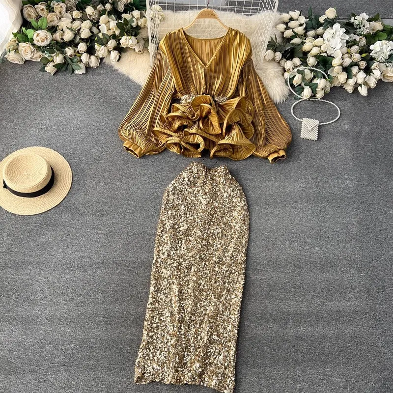 Pre Order:  Waist-Cinching Ruffled Pleated Top   High-Waisted Sequined Skirt