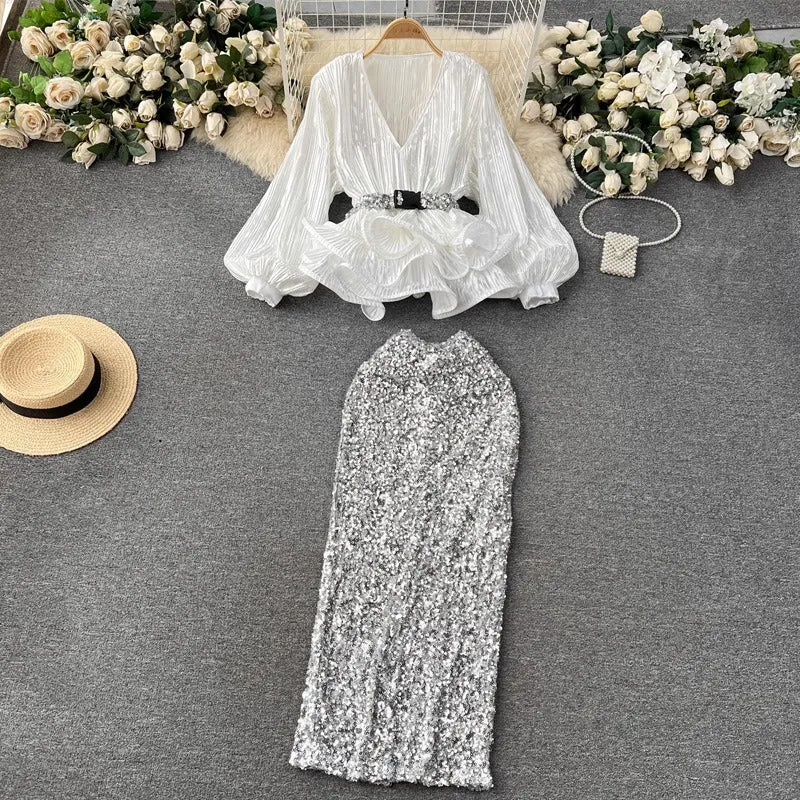 Pre Order:  Waist-Cinching Ruffled Pleated Top   High-Waisted Sequined Skirt
