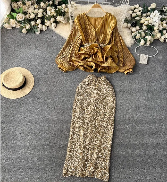 Pre Order:  Waist-Cinching Ruffled Pleated Top   High-Waisted Sequined Skirt