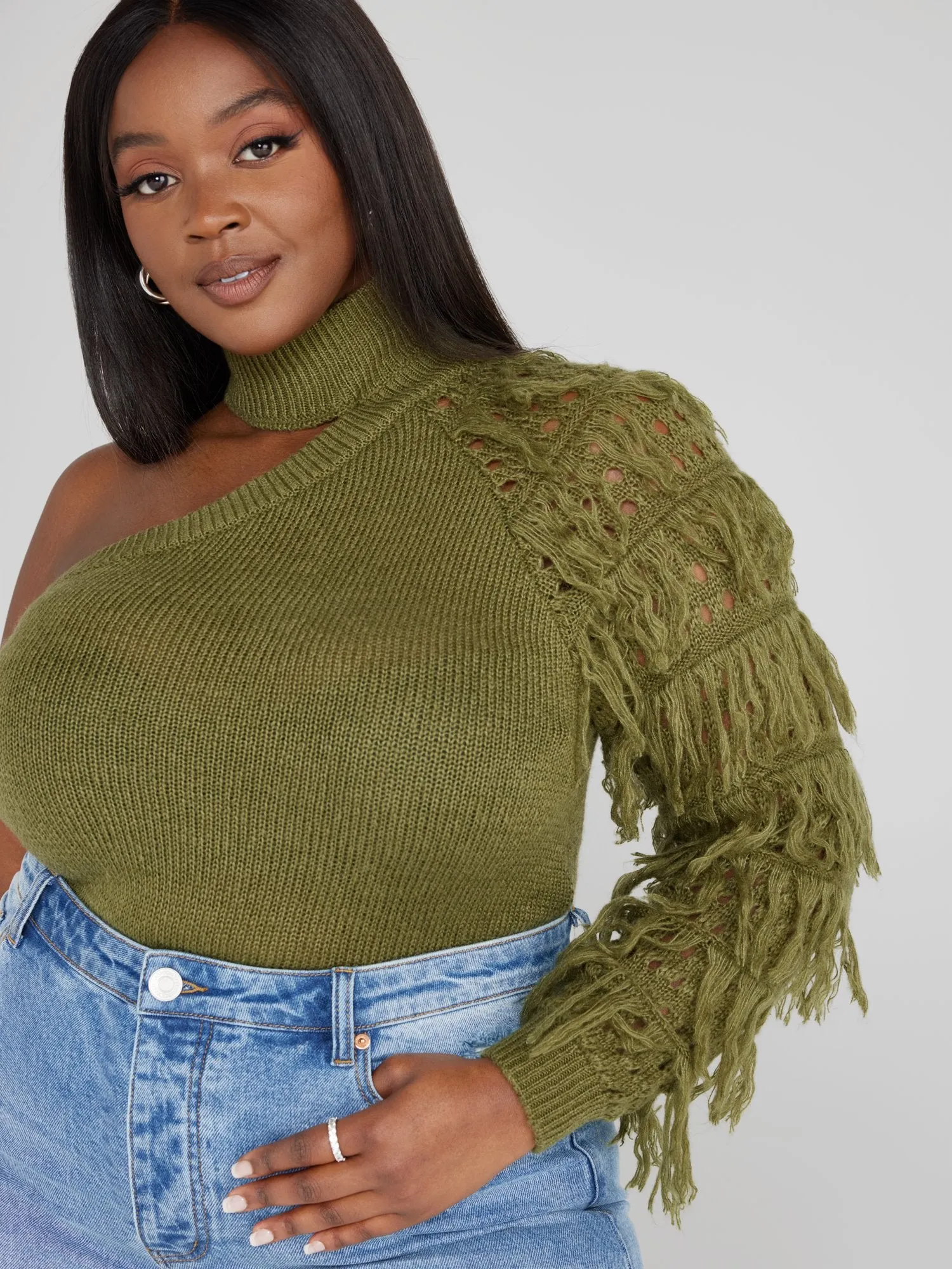 Rachelle One Sleeve Fringe Sweater