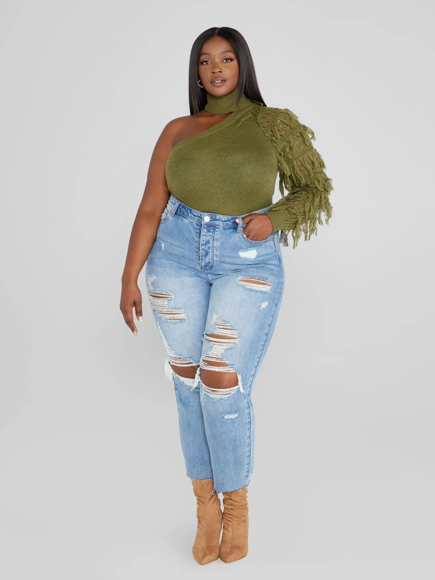 Rachelle One Sleeve Fringe Sweater
