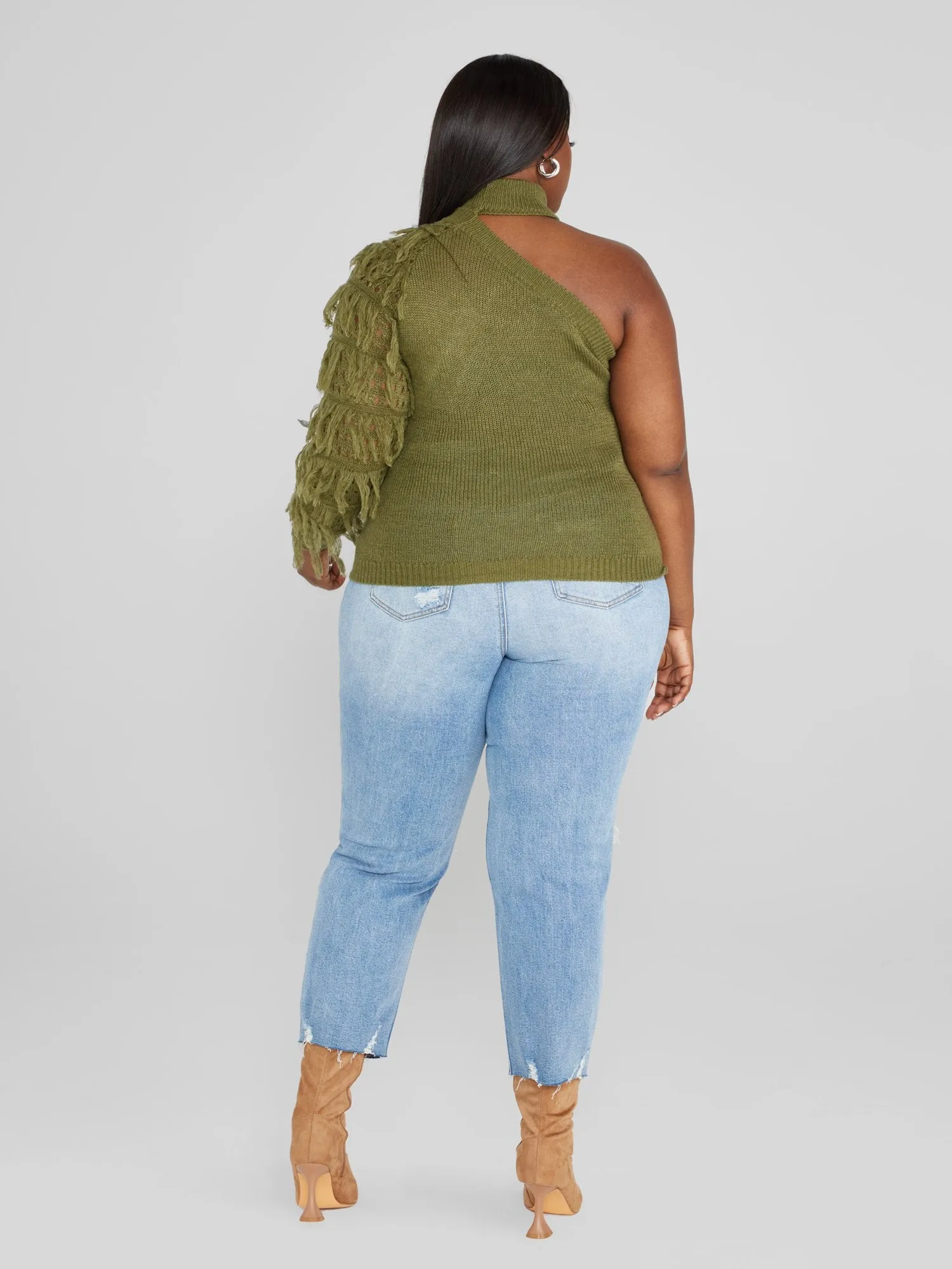 Rachelle One Sleeve Fringe Sweater