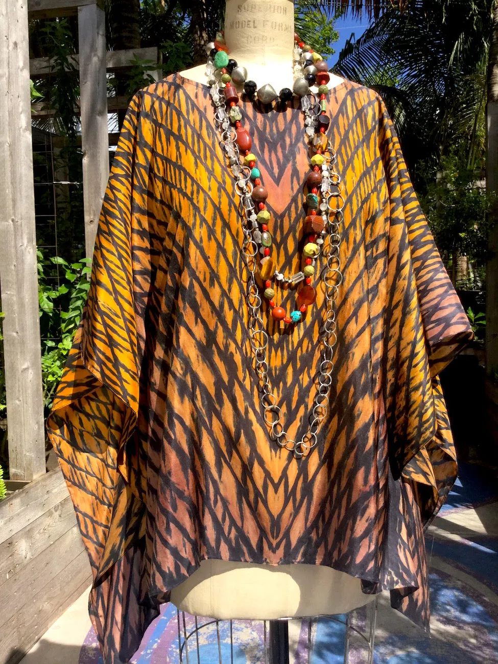 Silk Caftan Hand Painted Shibori Model 1 Caramel