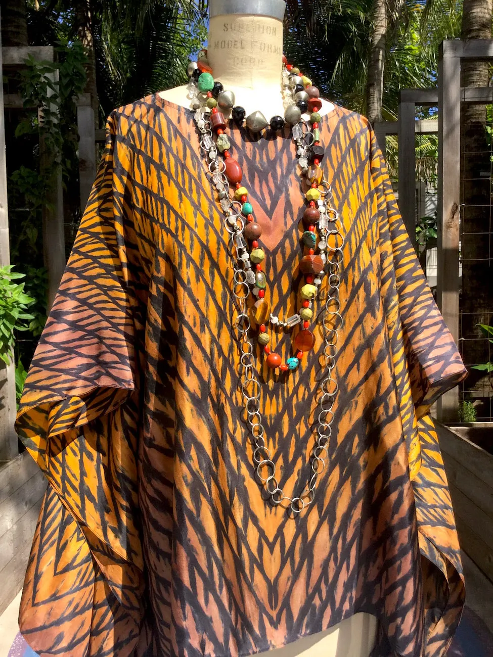 Silk Caftan Hand Painted Shibori Model 1 Caramel