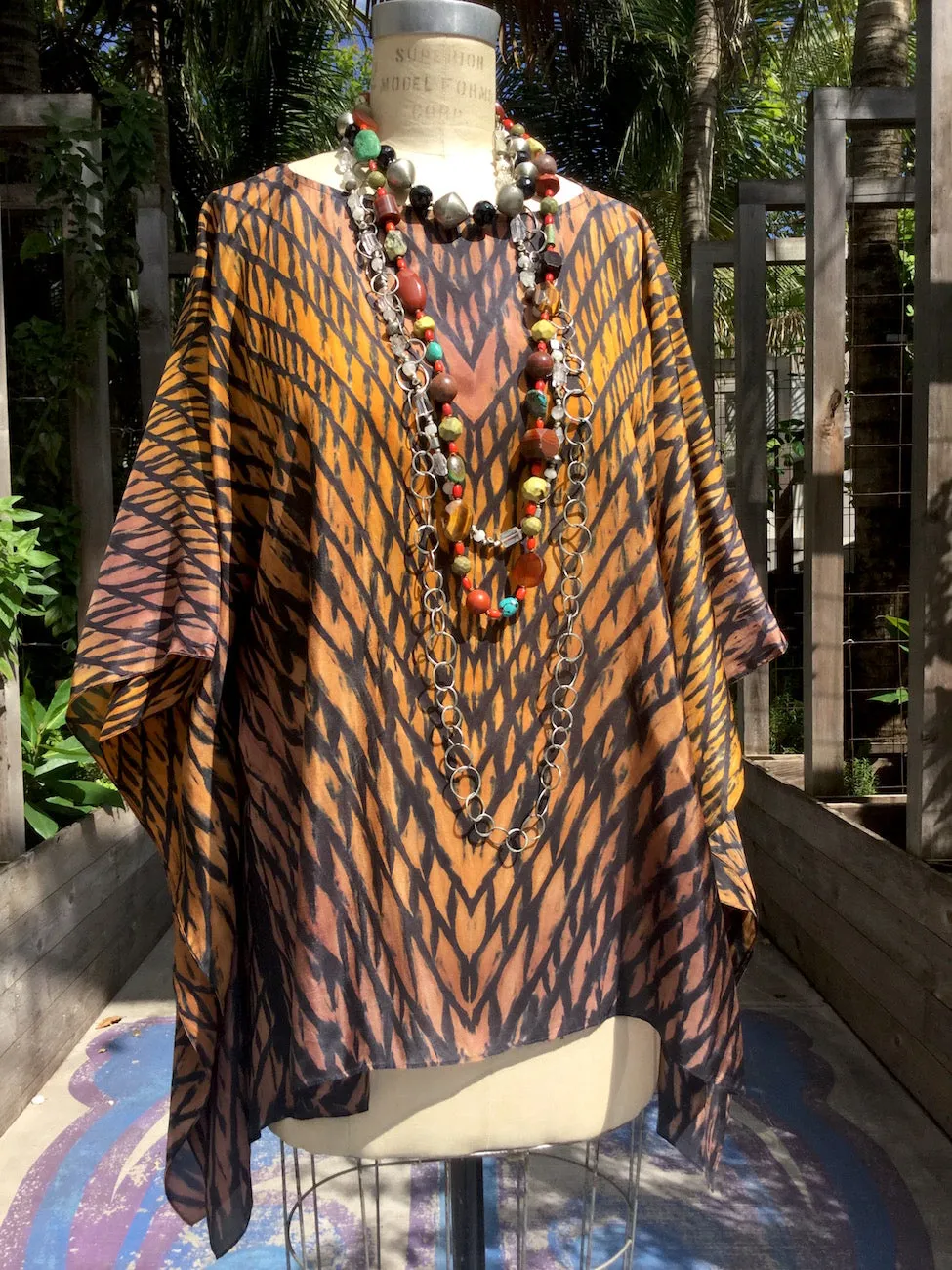 Silk Caftan Hand Painted Shibori Model 1 Caramel