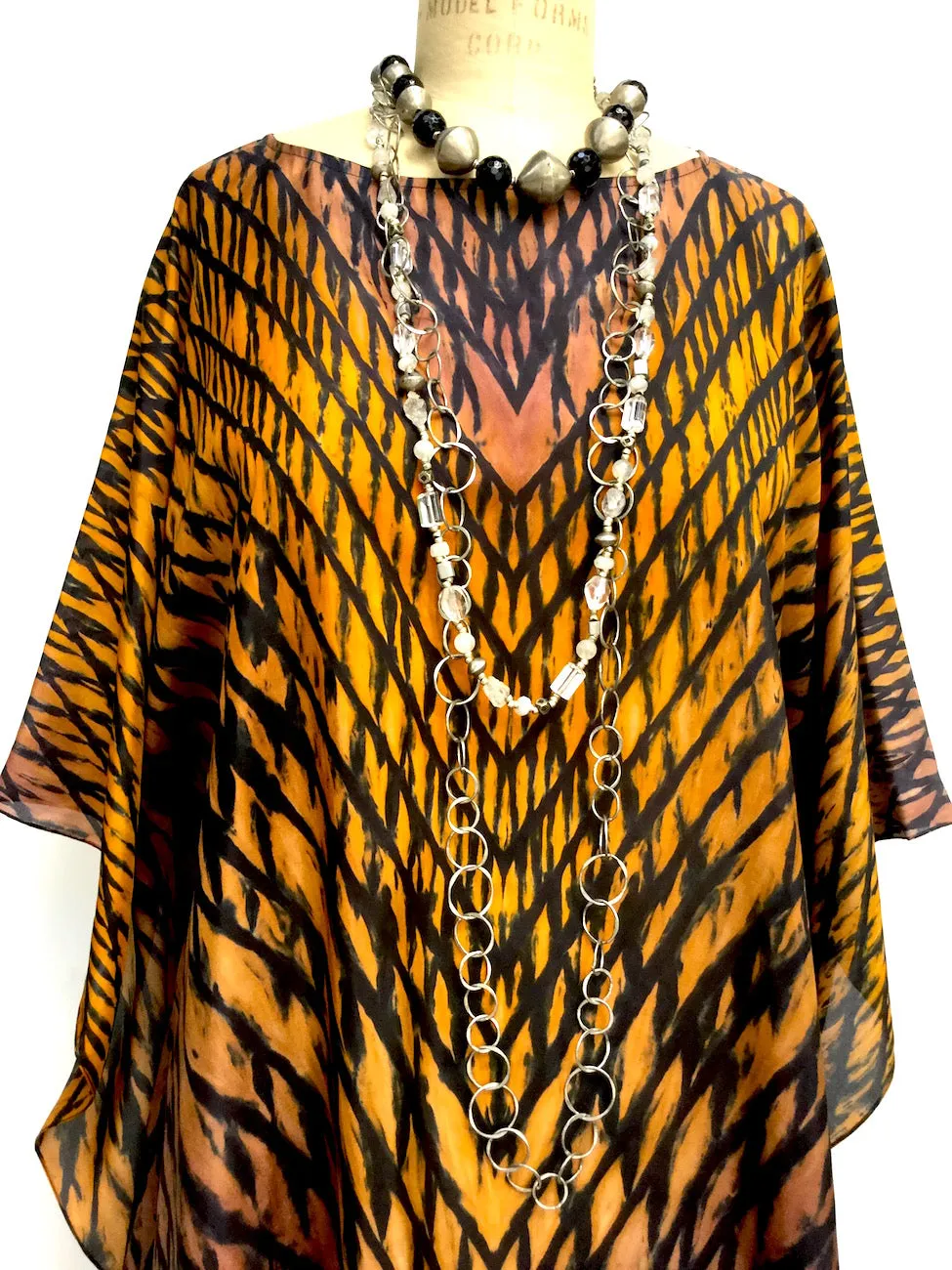 Silk Caftan Hand Painted Shibori Model 1 Caramel