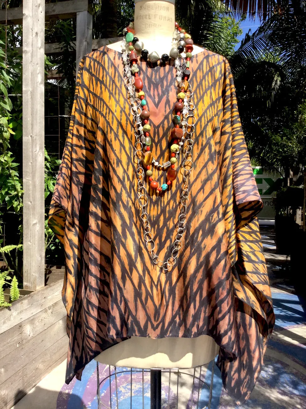 Silk Caftan Hand Painted Shibori Model 1 Caramel