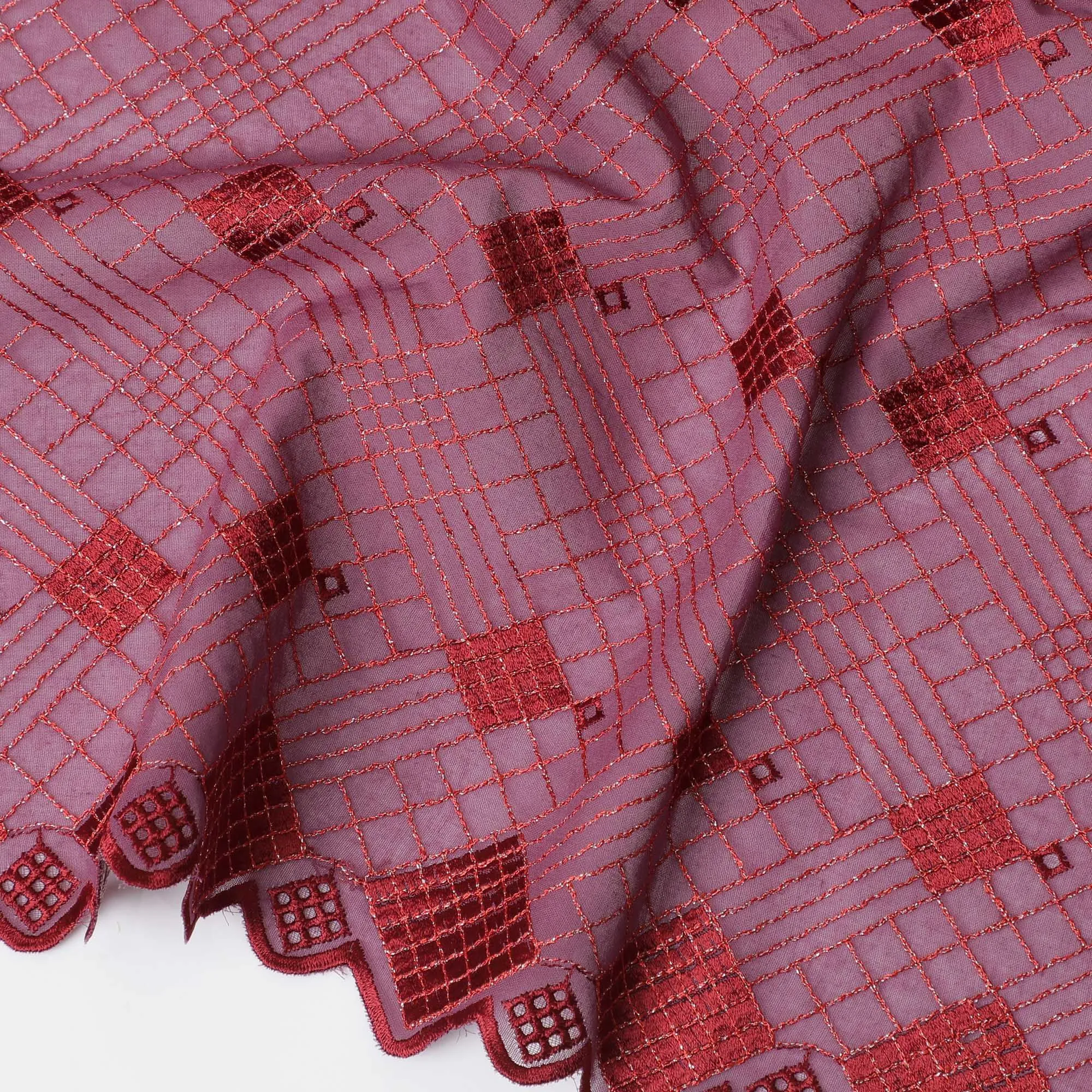 Vintage Mauve Cotton Voile with Red Geometric Embroidery for Sudanese Thobe - 140cm x 4.5 Mtrs piece-D18594