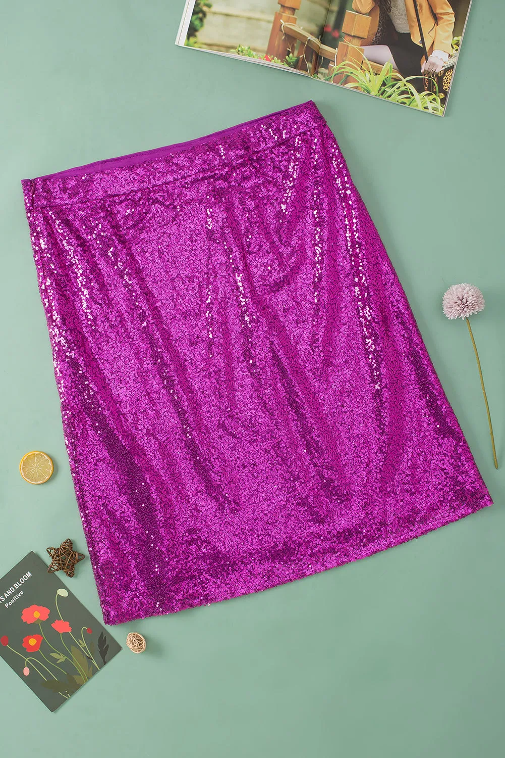 Violet Sequined High Waist Plus Size Midi Skirt