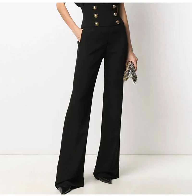 Women Hight Waisted Formal Pants Gold-tone Buttons Flare Trousers