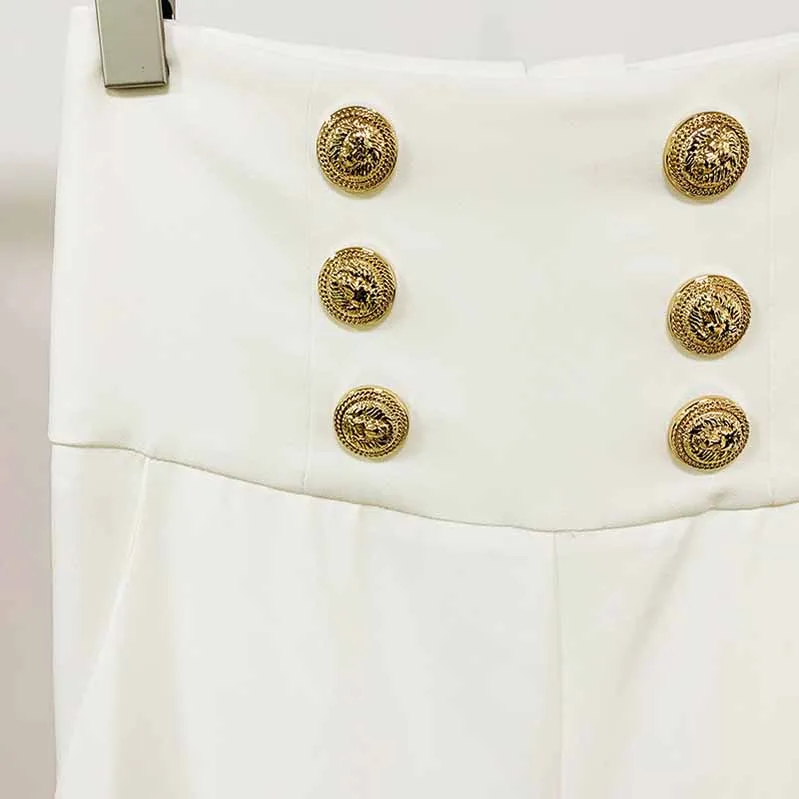 Women Hight Waisted Formal Pants Gold-tone Buttons Flare Trousers
